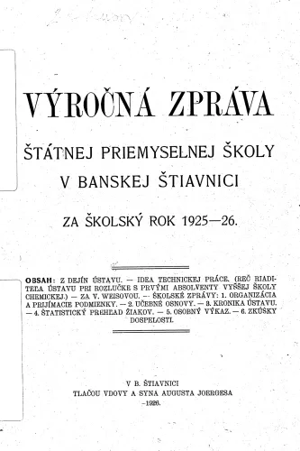 Kniha: Výročný zpráva štátnej priemyselnej školy v Banskej Štiavnici. 1925 - 1926